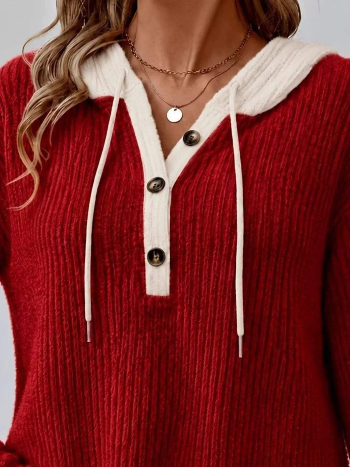 Full Size Drawstring Button Detail Hooded Sweater Plus Size - Trendsi - Flyclothing LLC