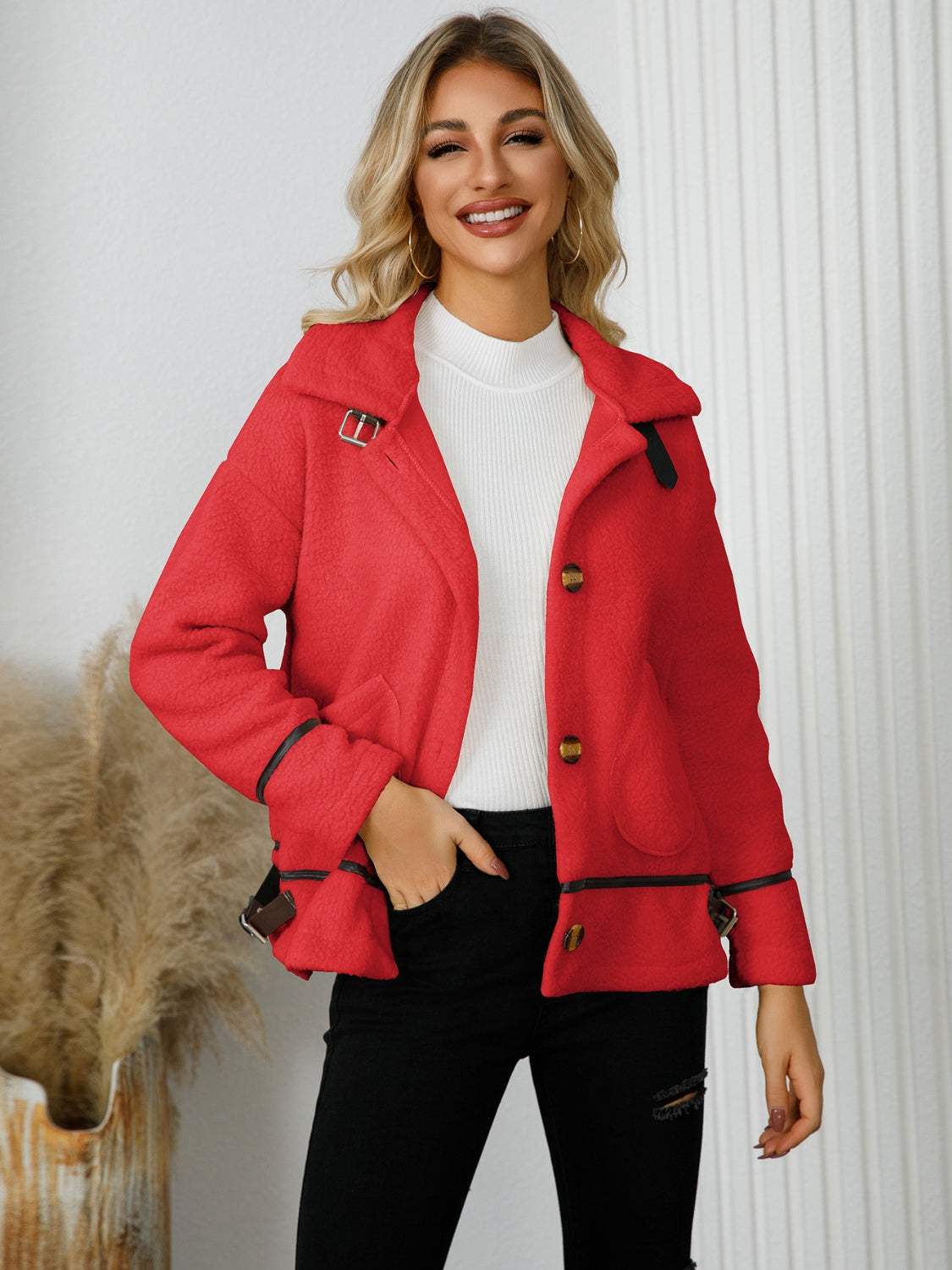 Pocketed Button Down Collared Neck Jacket - Trendsi - Flyclothing LLC