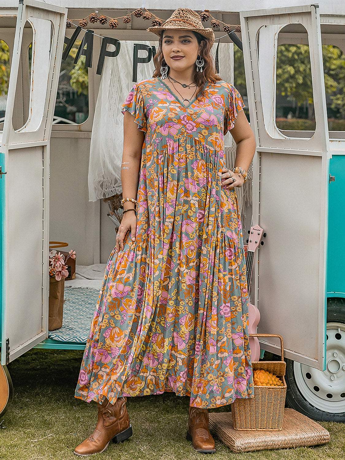 Plus Size Ruffled Printed Cap Sleeve Dress - Trendsi - Flyclothing LLC