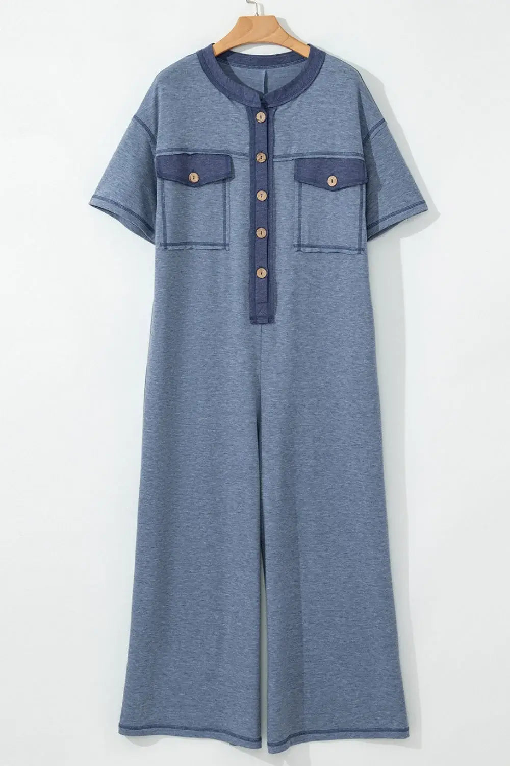 Placket Chest Pockets Short Sleeve Wide Leg Jumpsuit - Trendsi - Flyclothing LLC