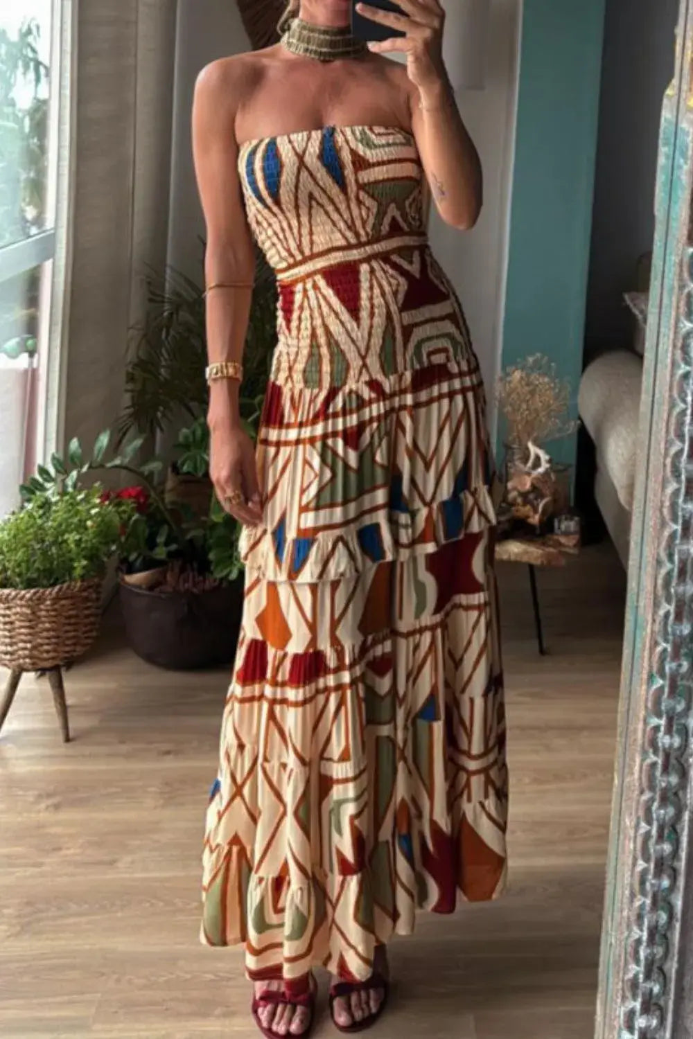 Smocked Printed Tube Dress - Trendsi - Flyclothing LLC