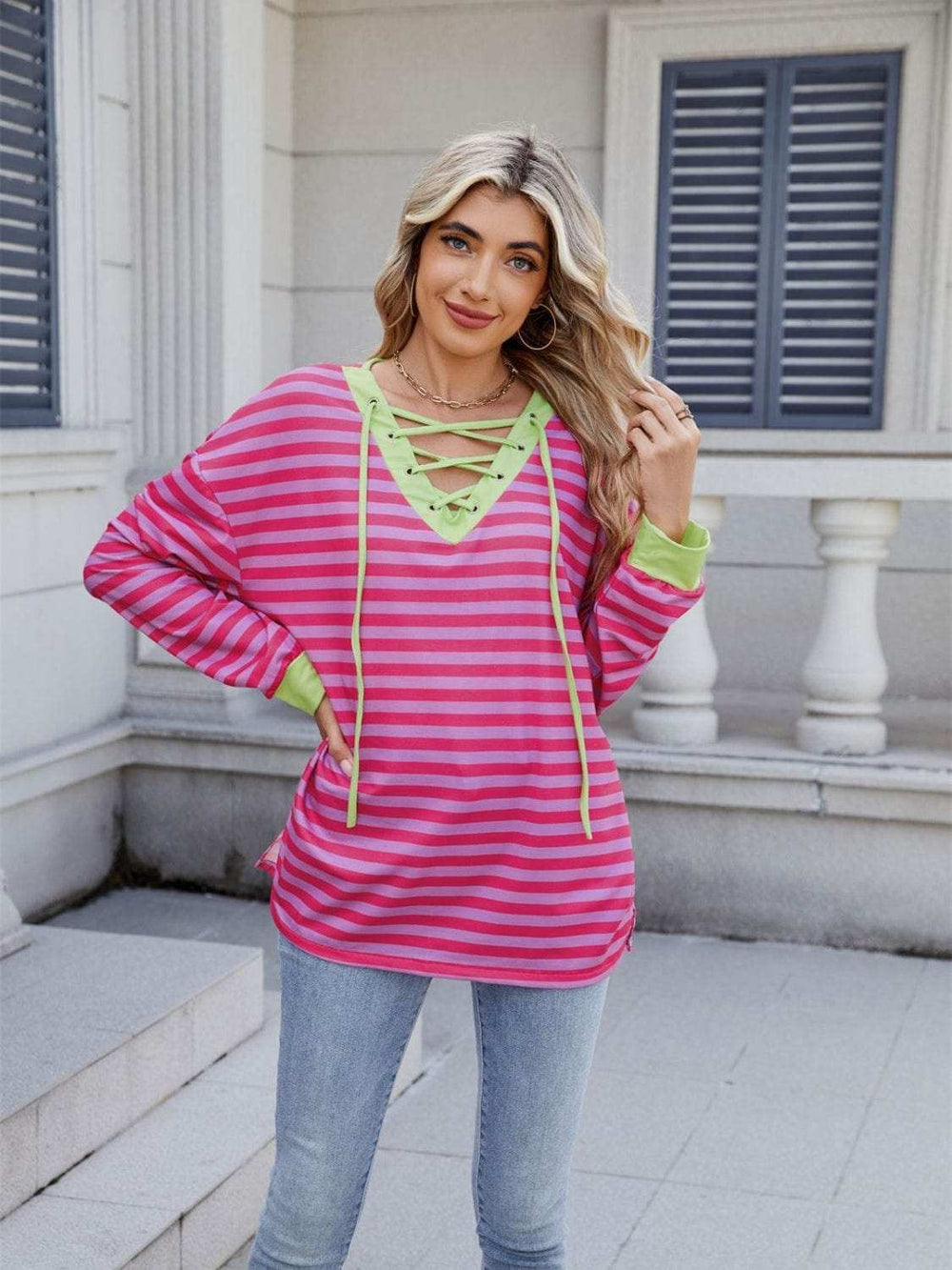 Lace-Up Striped Long Sleeve T-Shirt - Trendsi - Flyclothing LLC