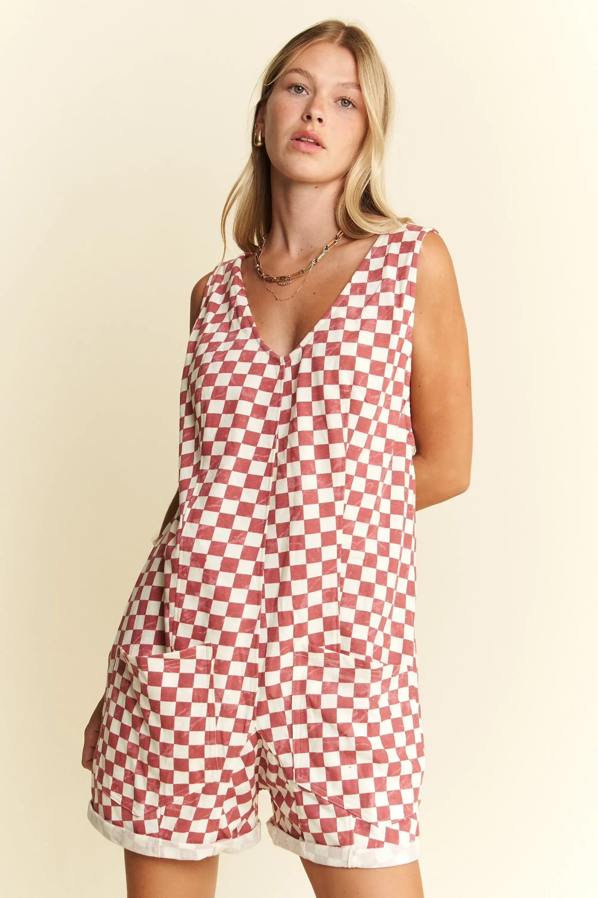 Jade By Jane Plus Size Back Tie Sleeveless Plaid Romper with Pockets - Trendsi - Flyclothing LLC
