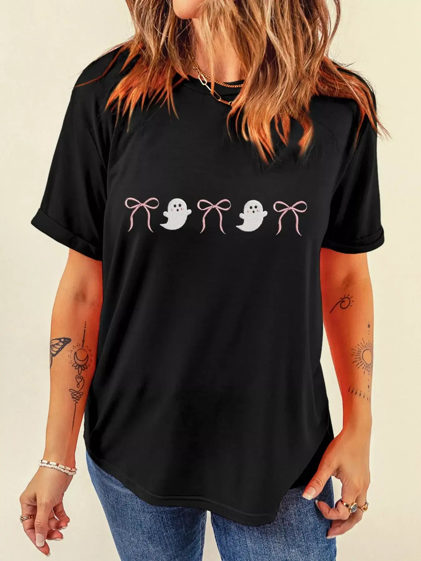 Halloween Ghost Bow Graphic Short Sleeve T-Shirt - Trendsi - Flyclothing LLC