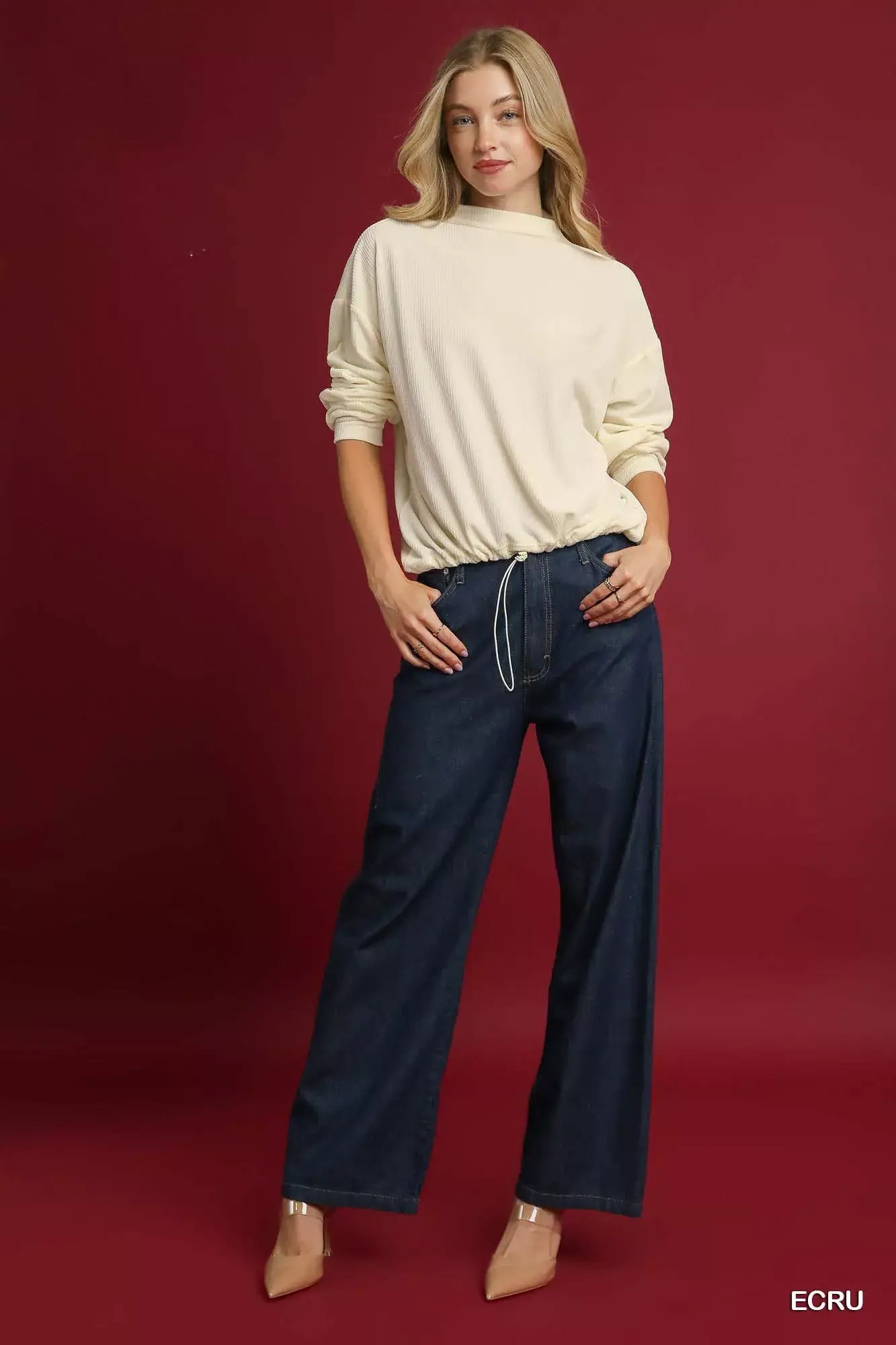 Umgee Ribbed Drawstring Hem Knit Top - Trendsi - Flyclothing LLC