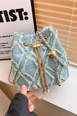 Chain Drawstring Raw Edge Denim Bucket Bag - Trendsi
