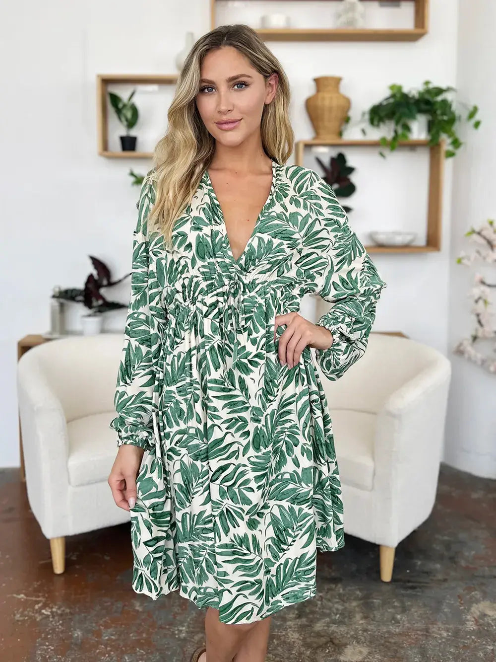 Double Take Full Size Printed Ruched Balloon Sleeve Dress - Trendsi - Flyclothing LLC