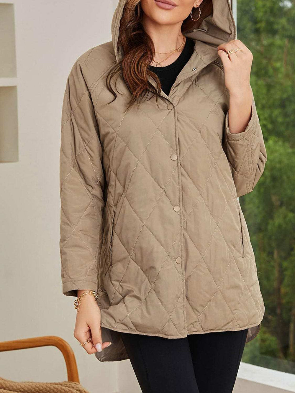 Slit Snap Down Long Sleeve Hooded Jacket - Trendsi - Flyclothing LLC