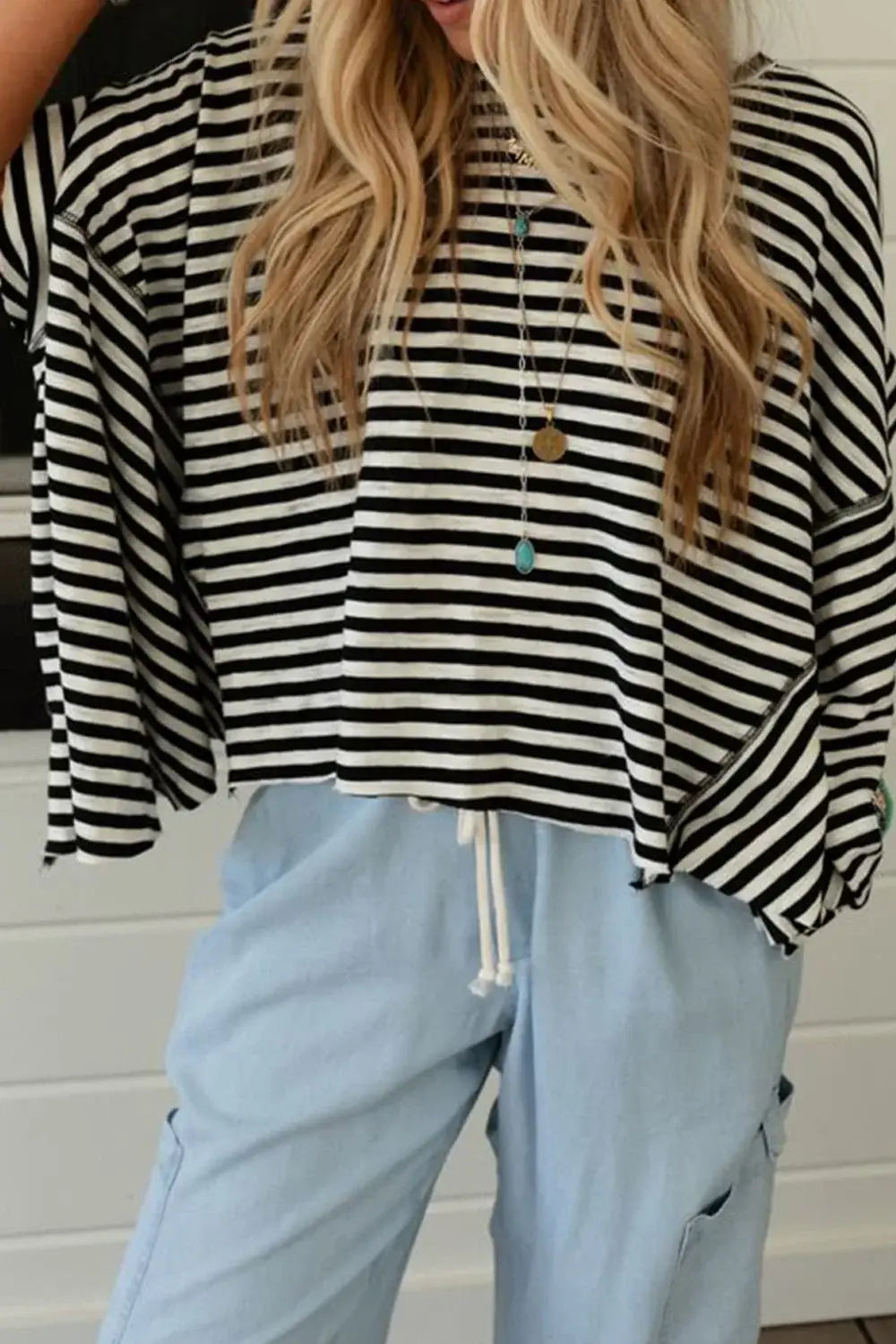 Stripe Batwing Sleeve Round Neck Oversized Top - Trendsi - Flyclothing LLC