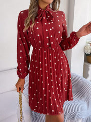 Polka Dot Tie Neck Pleated Dress - Trendsi