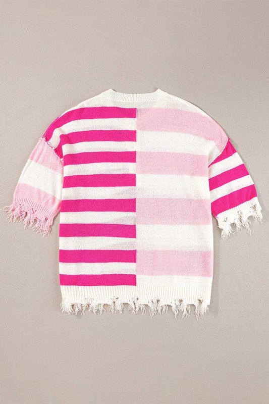 Striped Round Neck Half Sleeve Knit Top - Trendsi - Flyclothing LLC