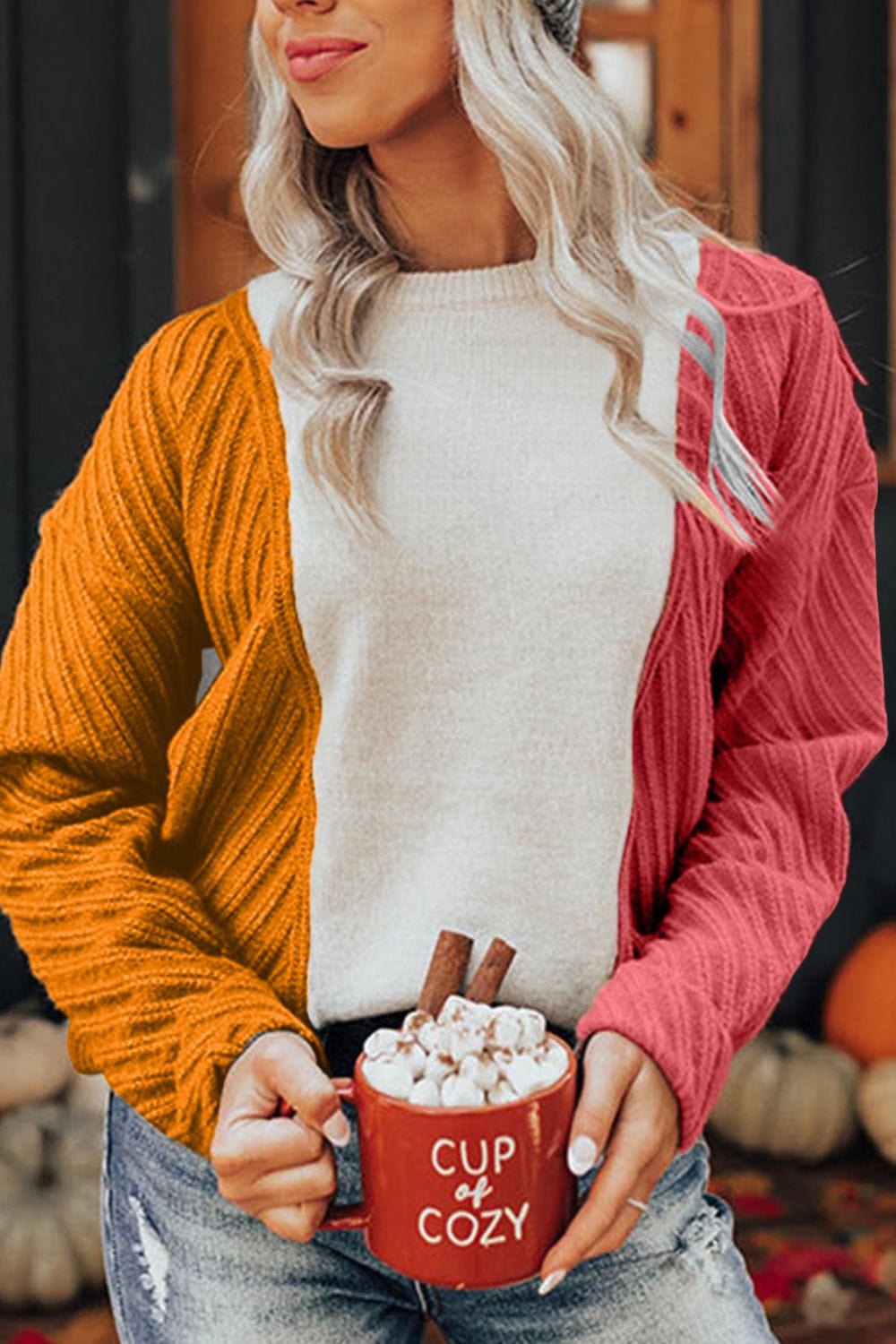 Color Block Textured Drop Shoulder Sweater - Trendsi