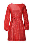 Sequin Tie Waist Long Sleeve Mini Dress - Trendsi - Flyclothing LLC