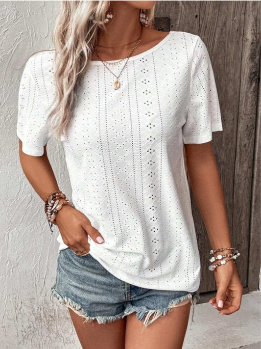 Lace Detail Eyelet Short Sleeve Blouse - Trendsi - Flyclothing LLC
