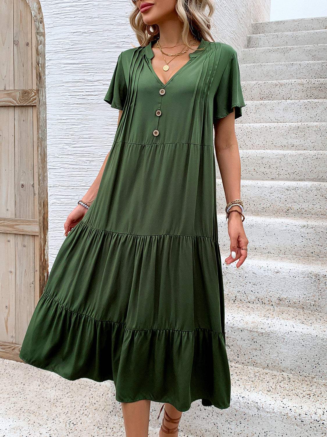 Tiered Notched Short Sleeve Midi Dress - Trendsi - Flyclothing LLC