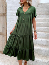 Tiered Notched Short Sleeve Midi Dress - Trendsi - Flyclothing LLC