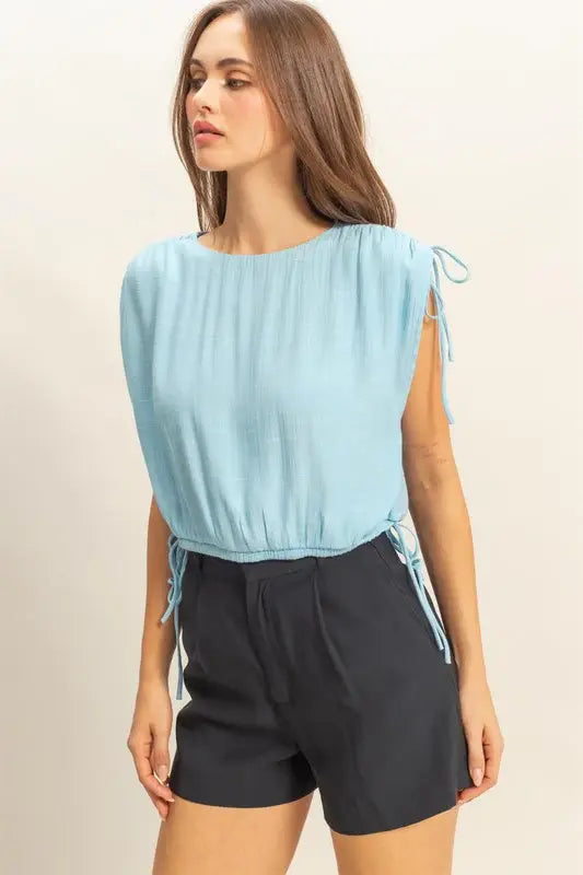 HYFVE Bubble Hem Side Tie Detail Round Neck Sleeveless Blouse - Trendsi - Flyclothing LLC