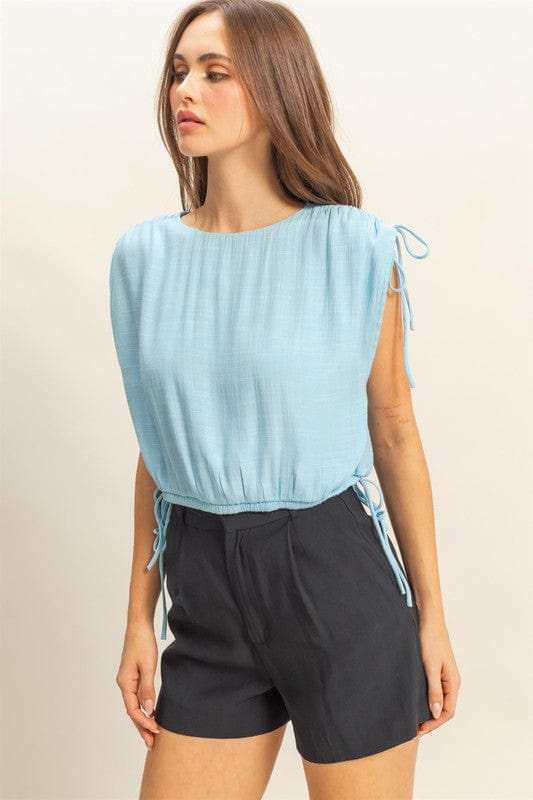 HYFVE Bubble Hem Side Tie Detail Round Neck Sleeveless Blouse - Trendsi - Flyclothing LLC