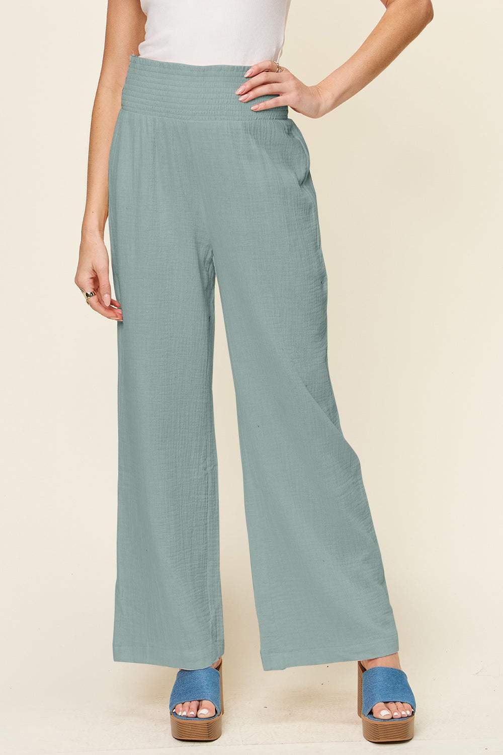 Double Take Full Size Texture Smocked Waist Wide Leg Pants - Trendsi - Flyclothing LLC