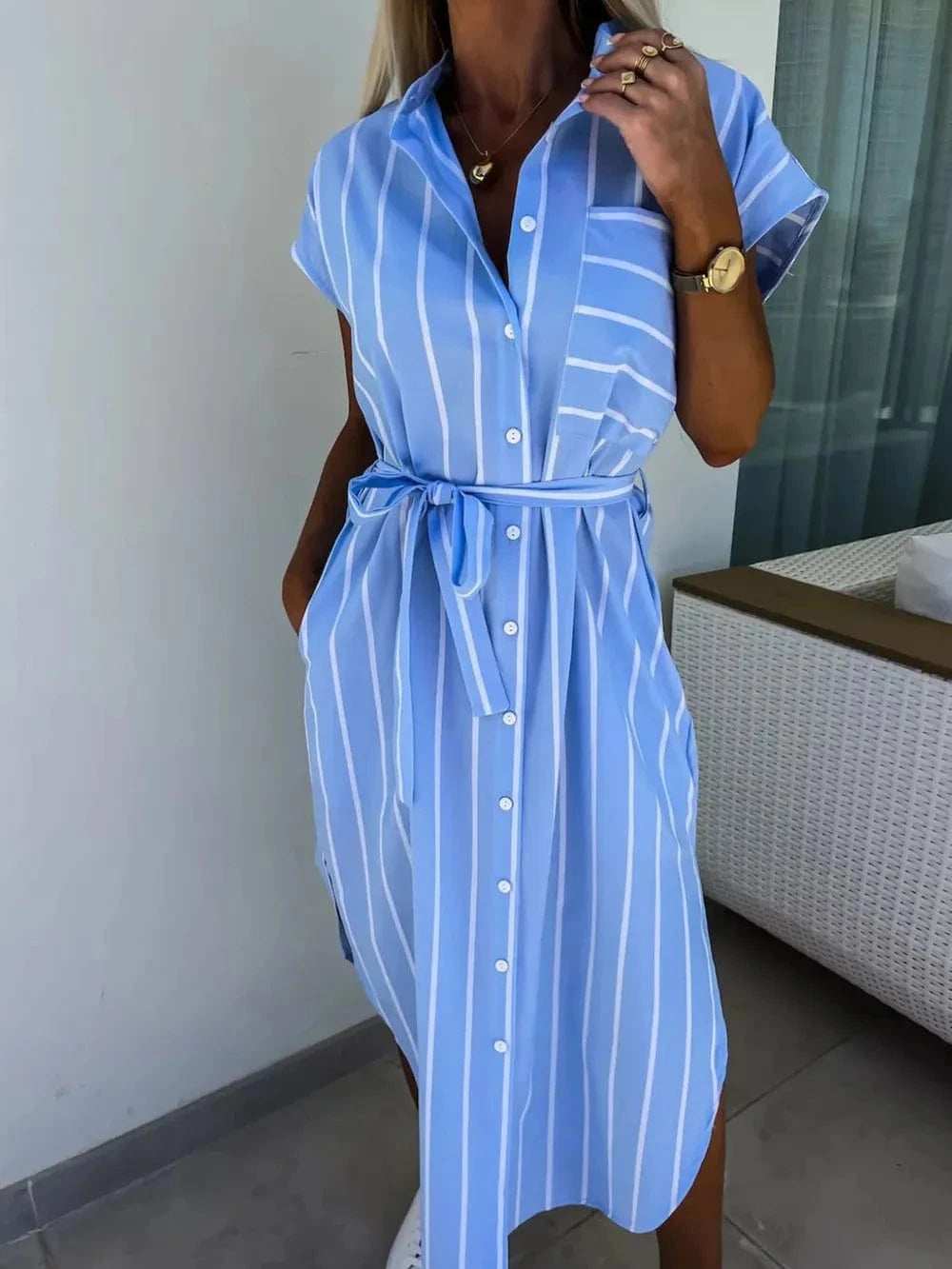 Striped Tie Waist Short Sleeve Dress - Trendsi - Flyclothing LLC