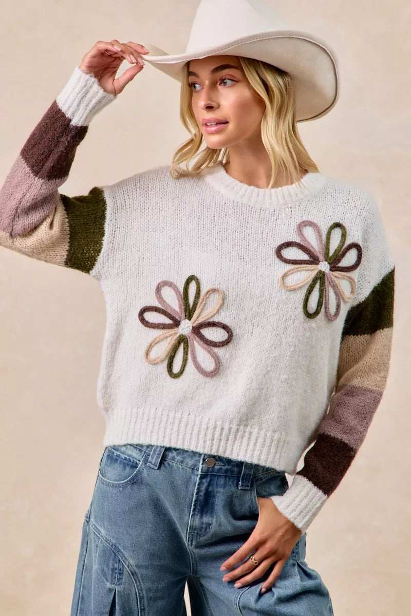 BiBi Flower Color Block Sweater - Trendsi - Flyclothing LLC