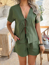 Devine Tied V-Neck Short Sleeve Top and Shorts Set - Trendsi - Flyclothing LLC