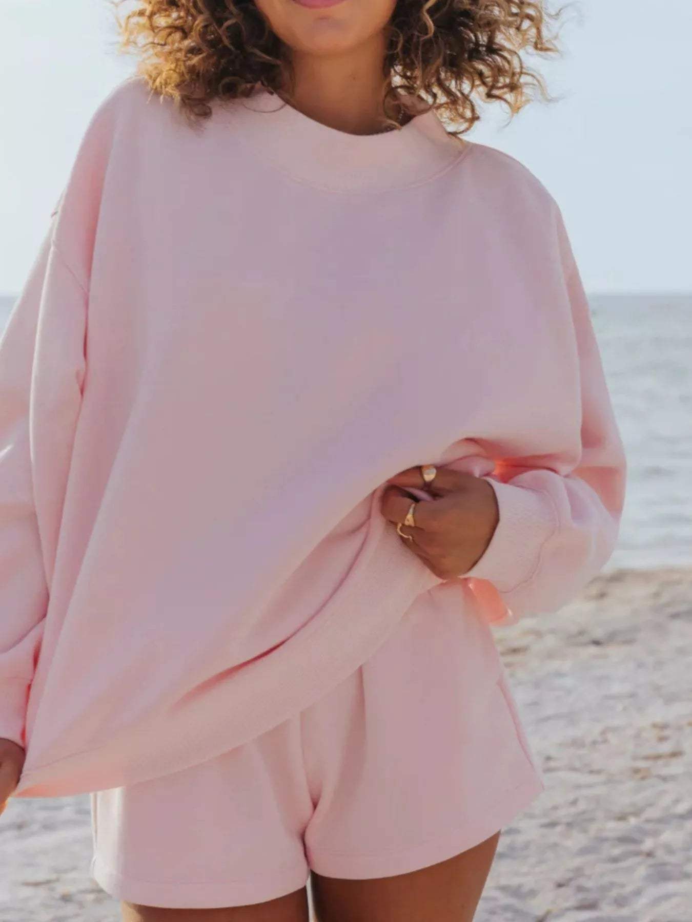 Relaxed Fit Round Neck Sweatshirt and Shorts Set - Trendsi - Flyclothing LLC