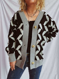 Contrast Trim Geometric V-Neck Long Sleeve Cardigan - Trendsi - Flyclothing LLC