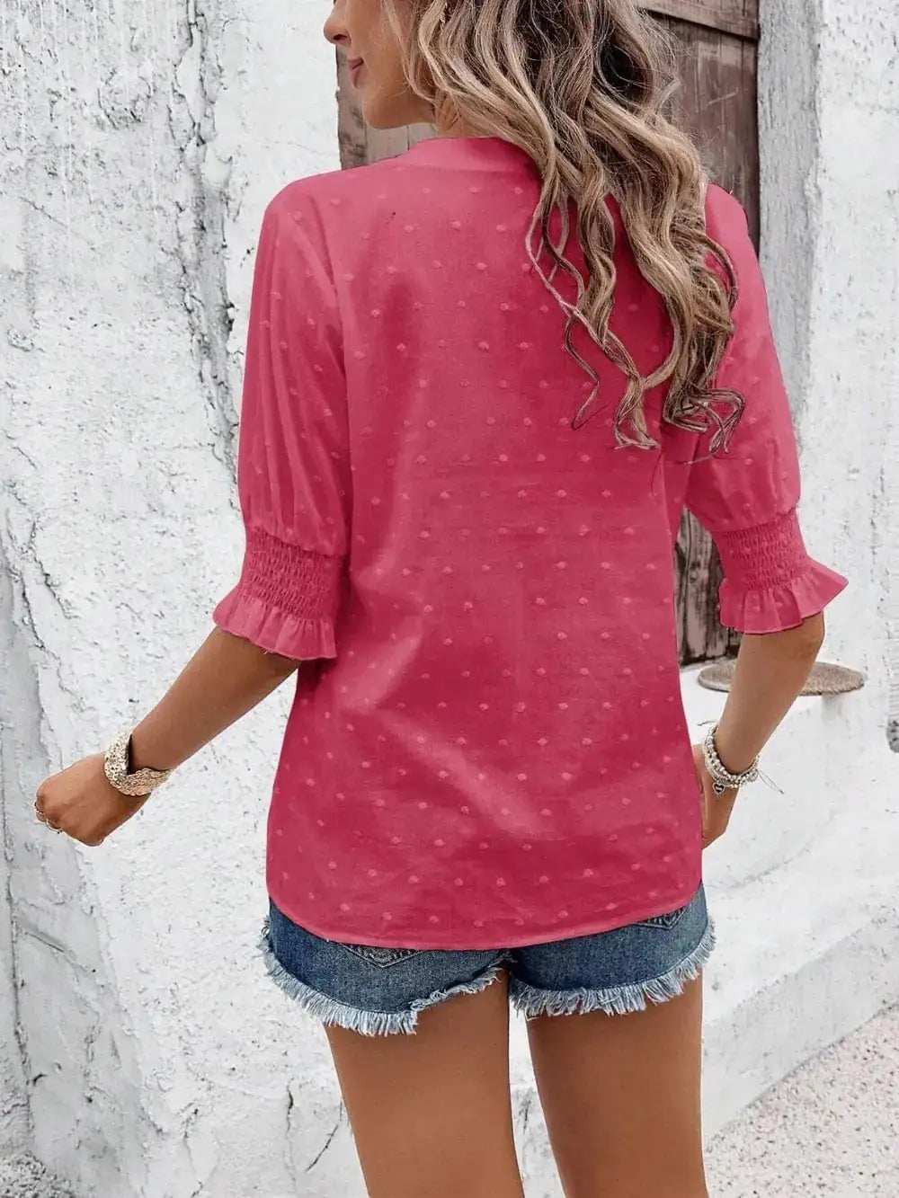 Eyelet Notched Flounce Sleeve Blouse - Trendsi - Flyclothing LLC