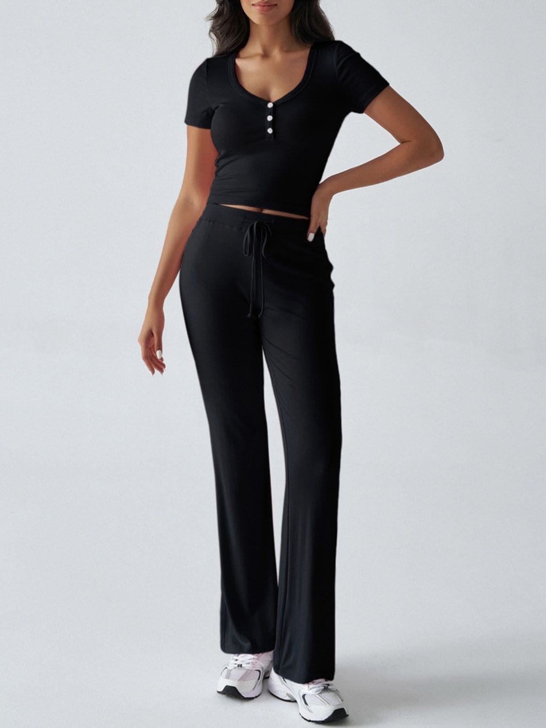 Devine Short Sleeve Top and Drawstring Pants Set - Trendsi