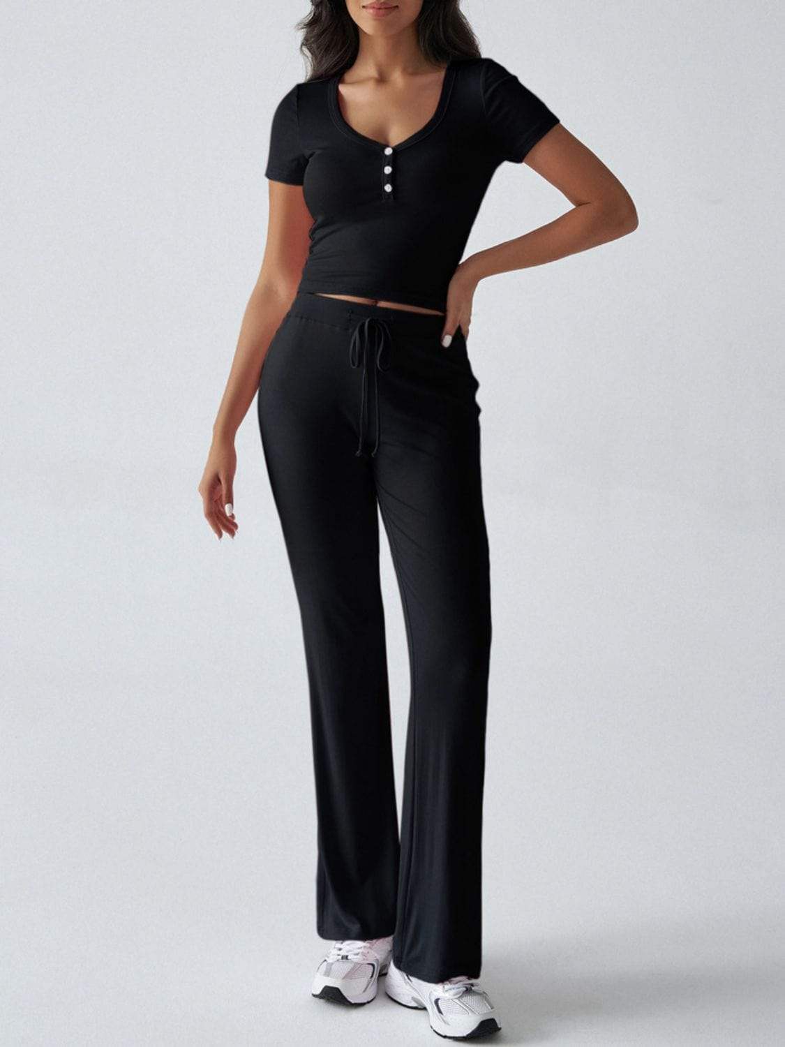 Devine Short Sleeve Top and Drawstring Pants Set - Trendsi - Flyclothing LLC