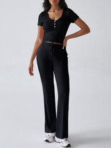 Devine Short Sleeve Top and Drawstring Pants Set - Trendsi - Flyclothing LLC