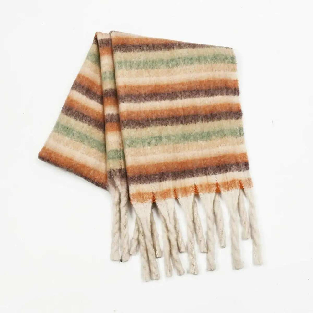 Fringe Contrast Striped Polyester Scarf - Trendsi - Flyclothing LLC