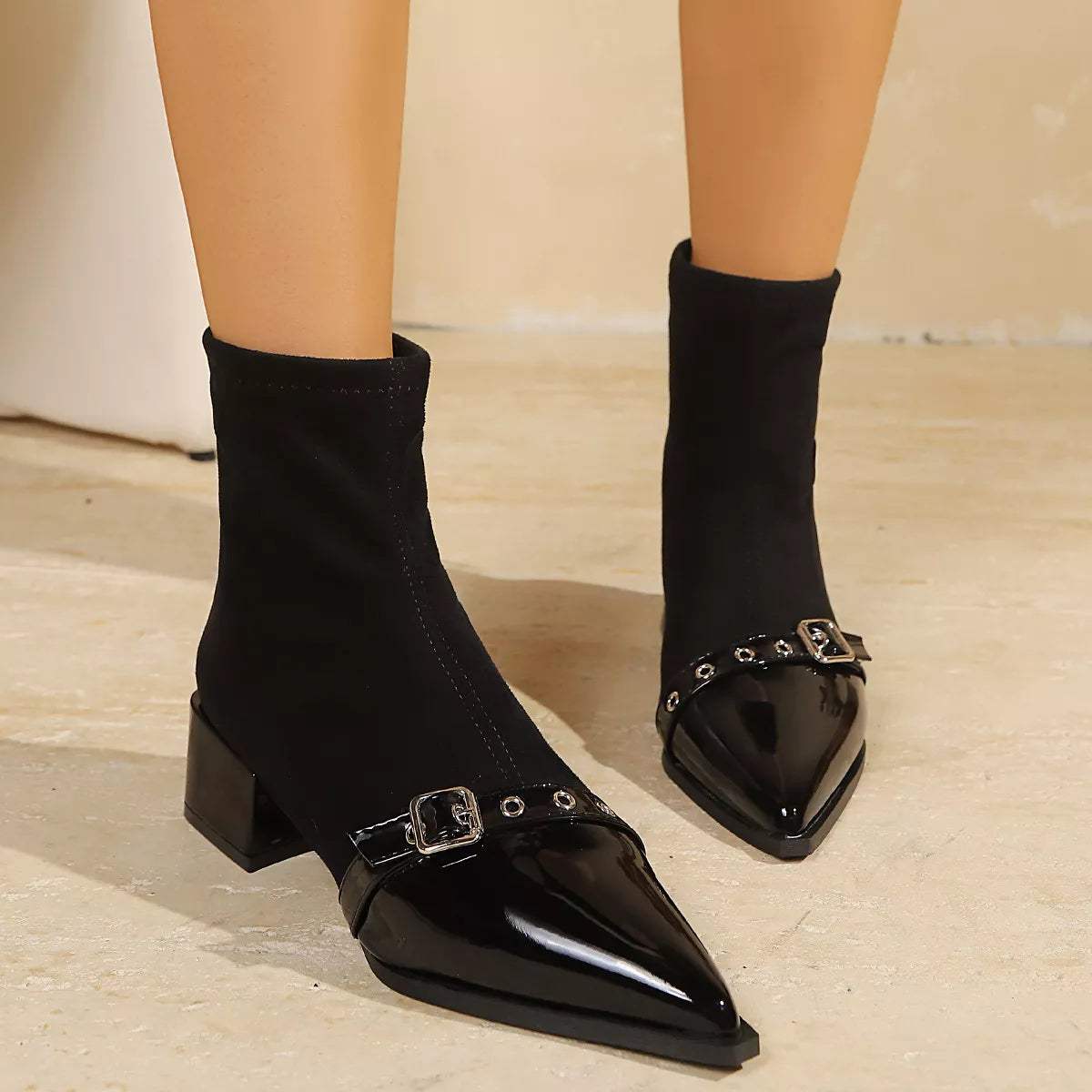 Chic Pointed Toe Sock Boots with Buckle Detail - Trendsi - Flyclothing LLC