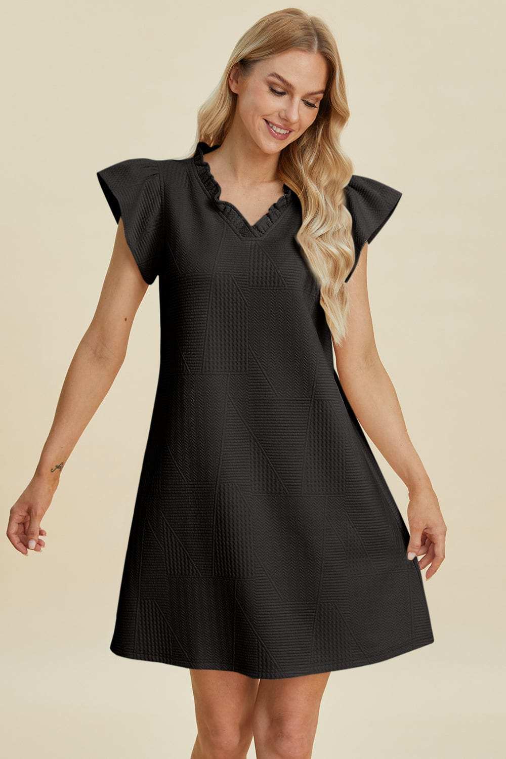 Double Take Full Size Ruffled V-Neck Cap Sleeve Dress - Trendsi - Flyclothing LLC