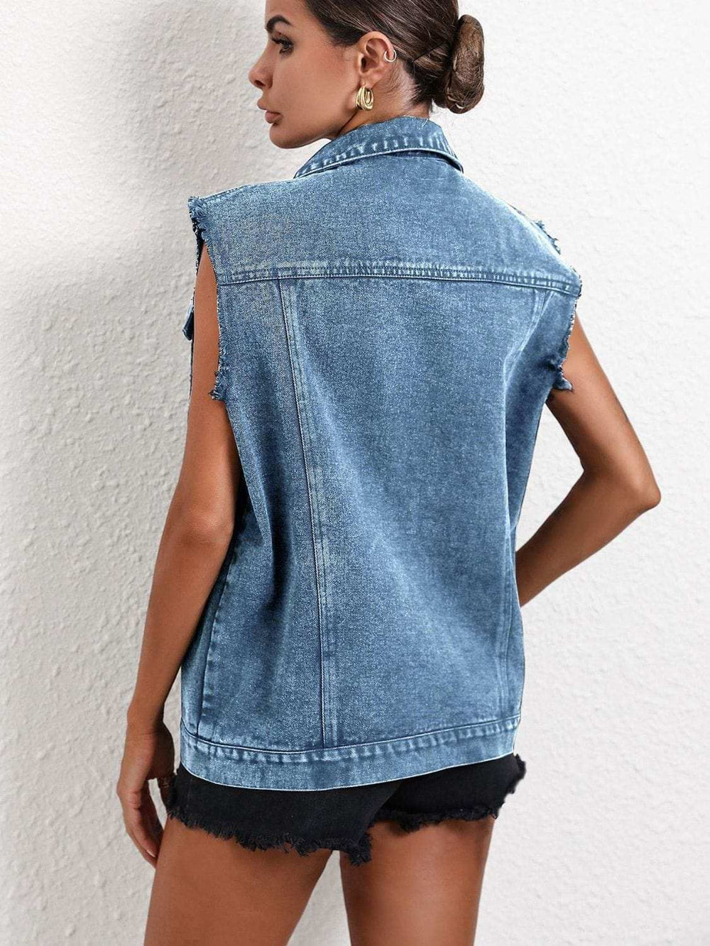 Pocketed Collared Neck Sleeveless Denim Top - Trendsi - Flyclothing LLC