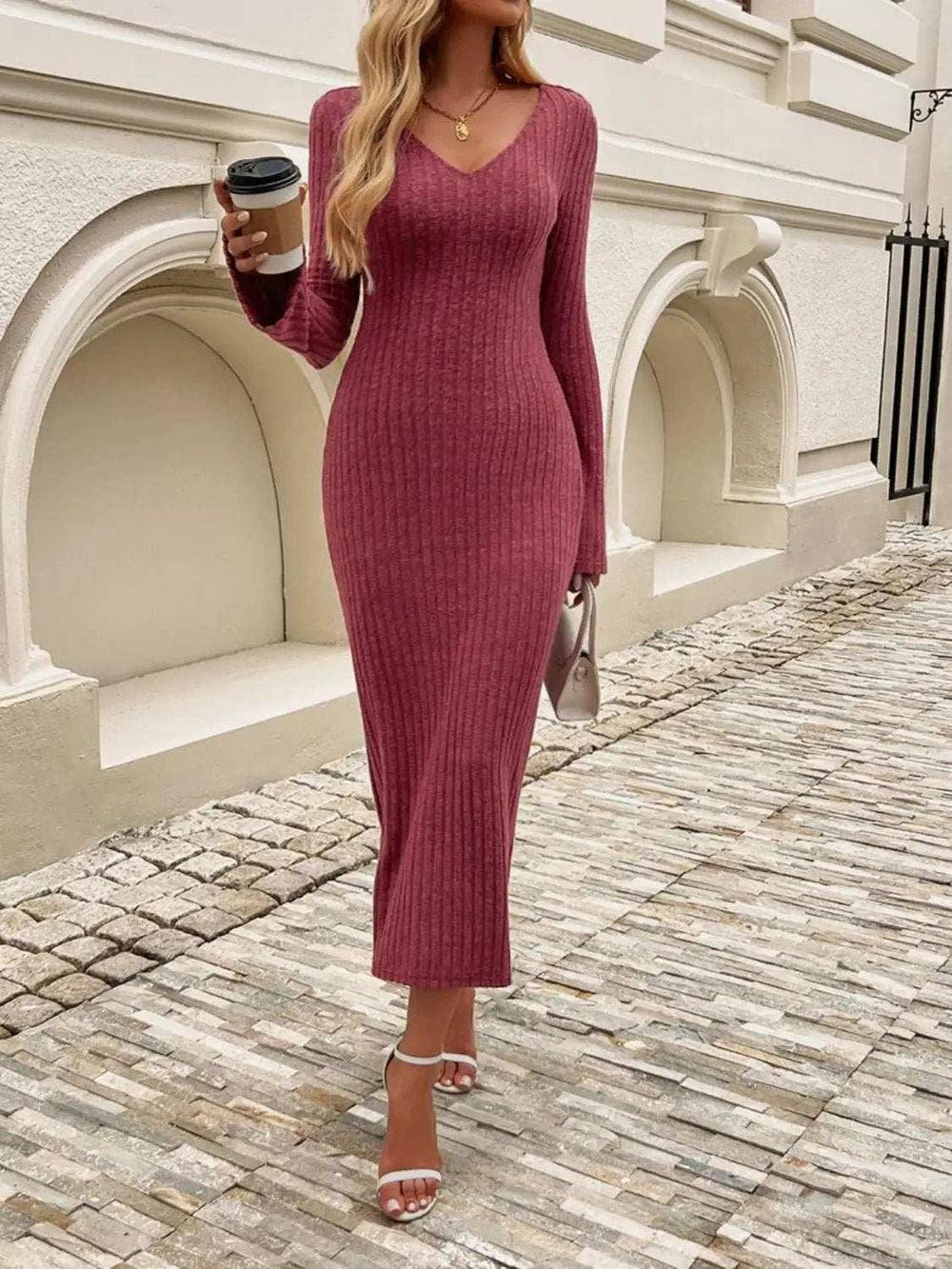Devine Tied V-Neck Long Sleeve Sweater Dress - Trendsi - Flyclothing LLC