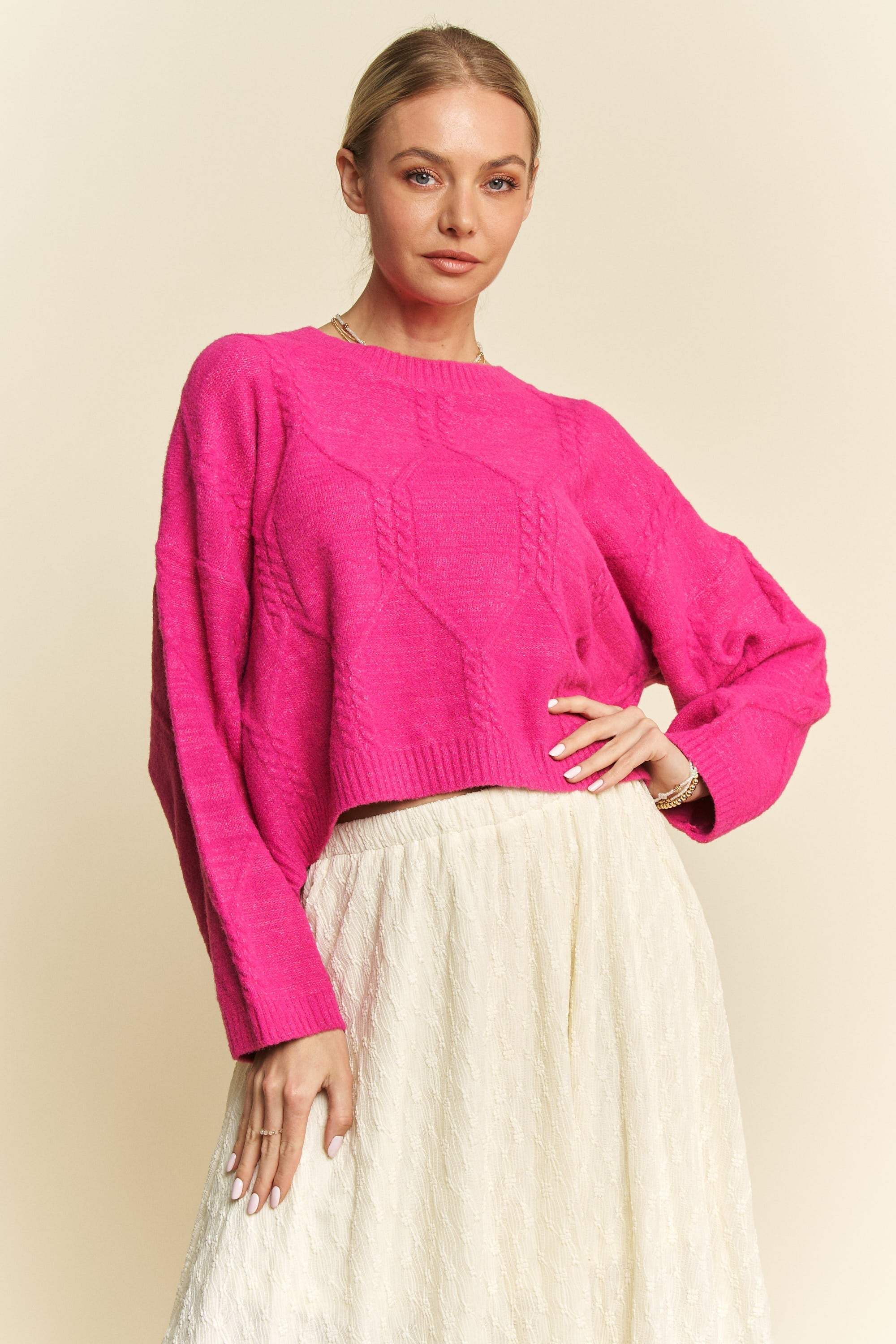 Davi & Dani Diamond Cable Pattern Drop Shoulder Sweater - Trendsi - Flyclothing LLC