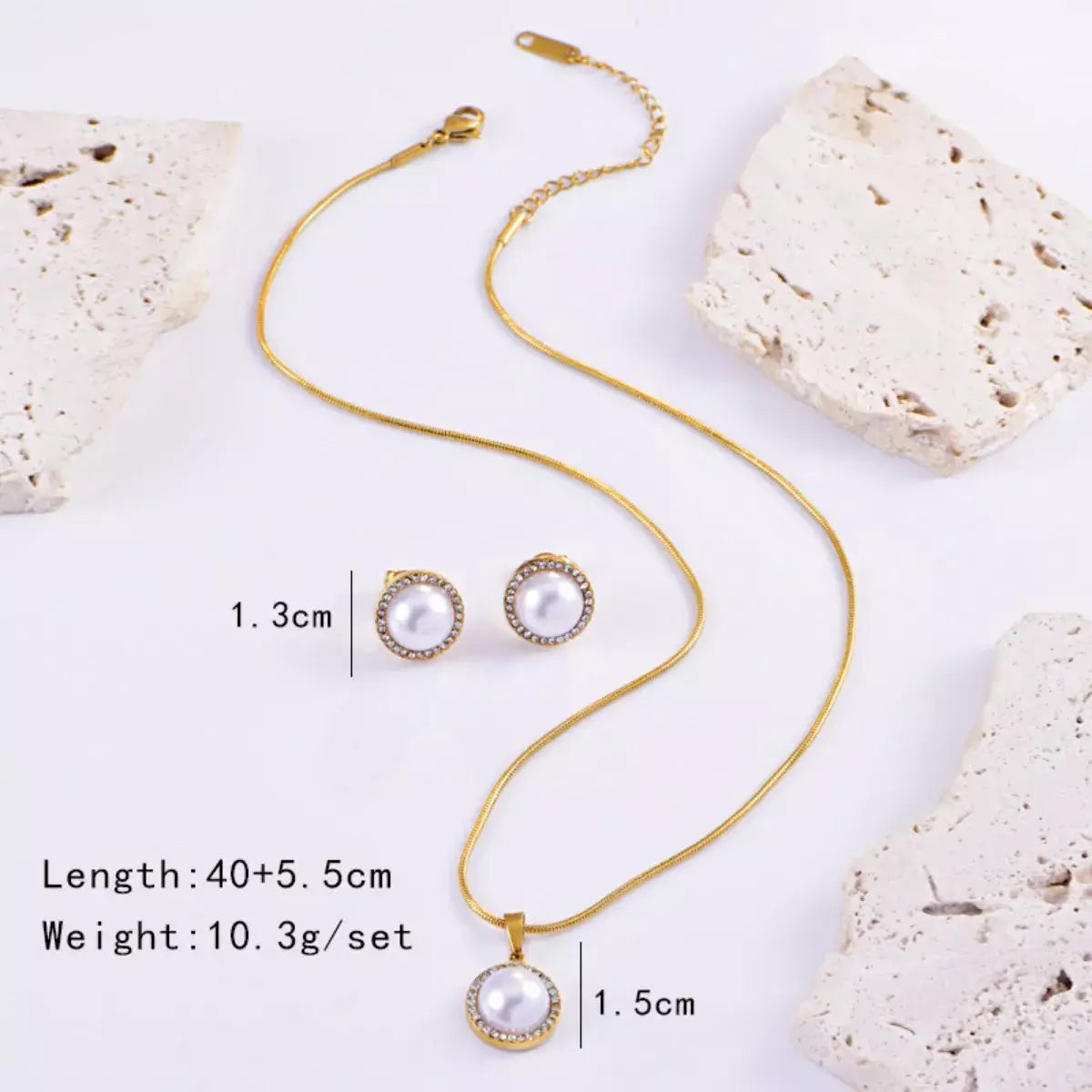 Synthetic Pearl 18K Gold-Plated Rhinestone Necklace and Earrings Jewelry Set - Trendsi - Flyclothing LLC