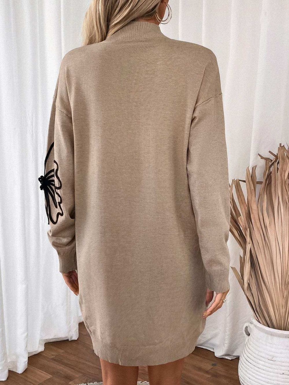 Perfee Flower Mock Neck Long Sleeve Sweater Dress - Trendsi - Flyclothing LLC