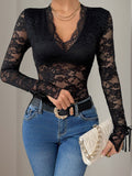 Perfee Lace V-Neck Long Sleeve Bodysuit - Trendsi