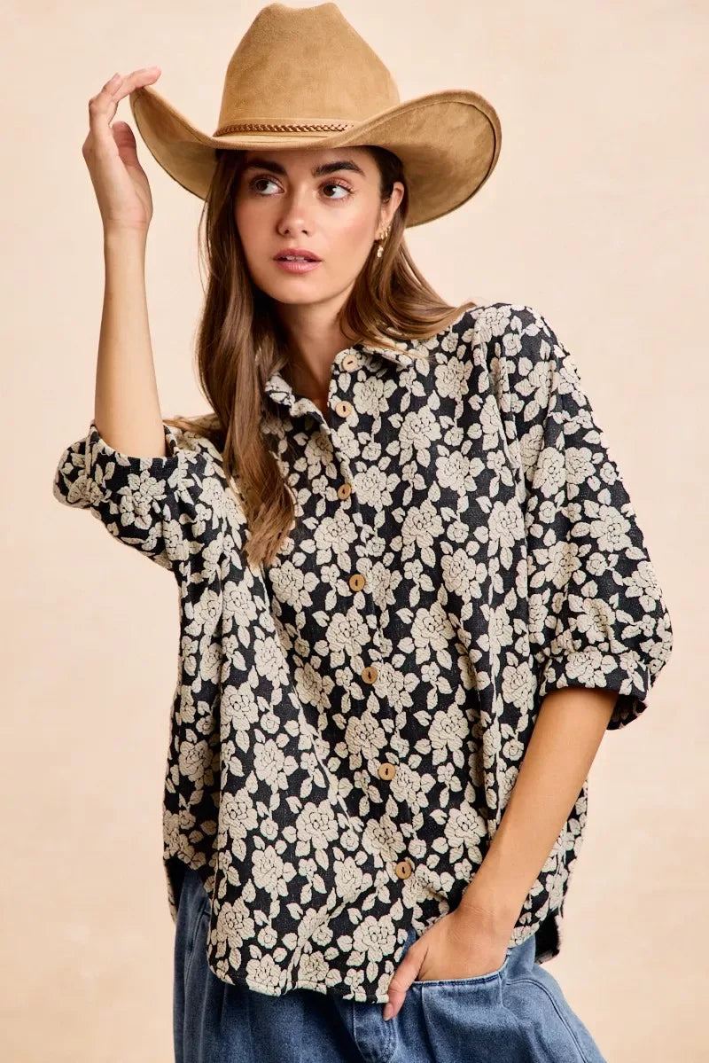 BiBi Floral Jacquard Short Dolman Sleeves Shirt - Trendsi - Flyclothing LLC