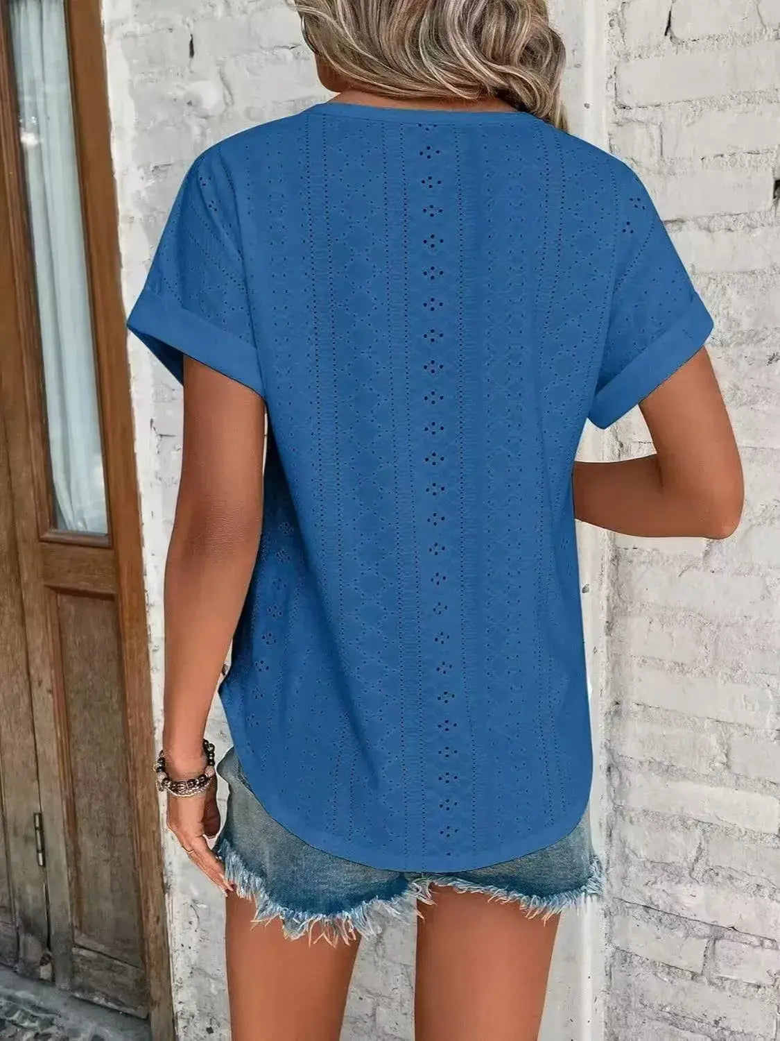 Eyelet Round Neck Short Sleeve Top - Trendsi - Flyclothing LLC