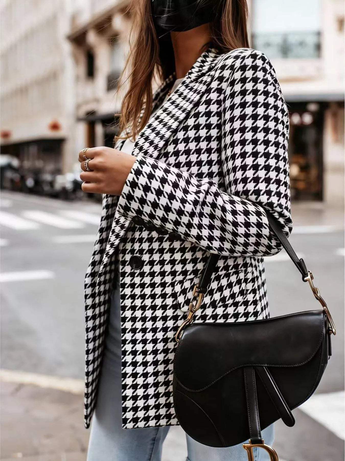Classic Houndstooth Double-Breasted Blazer - Trendsi - Flyclothing LLC