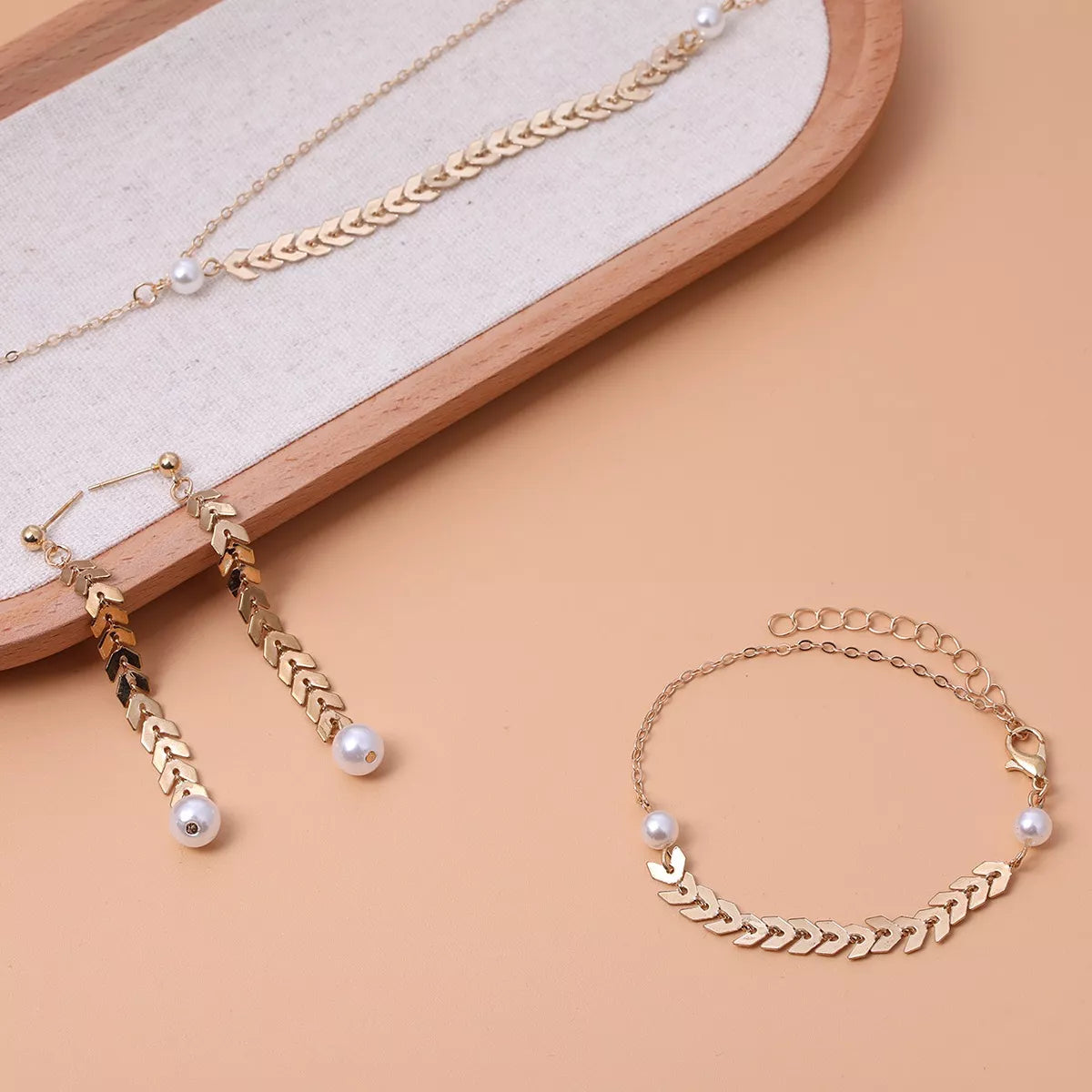 Wheat‑Spike Faux Pearl Necklace Bracelet Earrings 3‑Pcs Jewelry Set - Trendsi - Flyclothing LLC