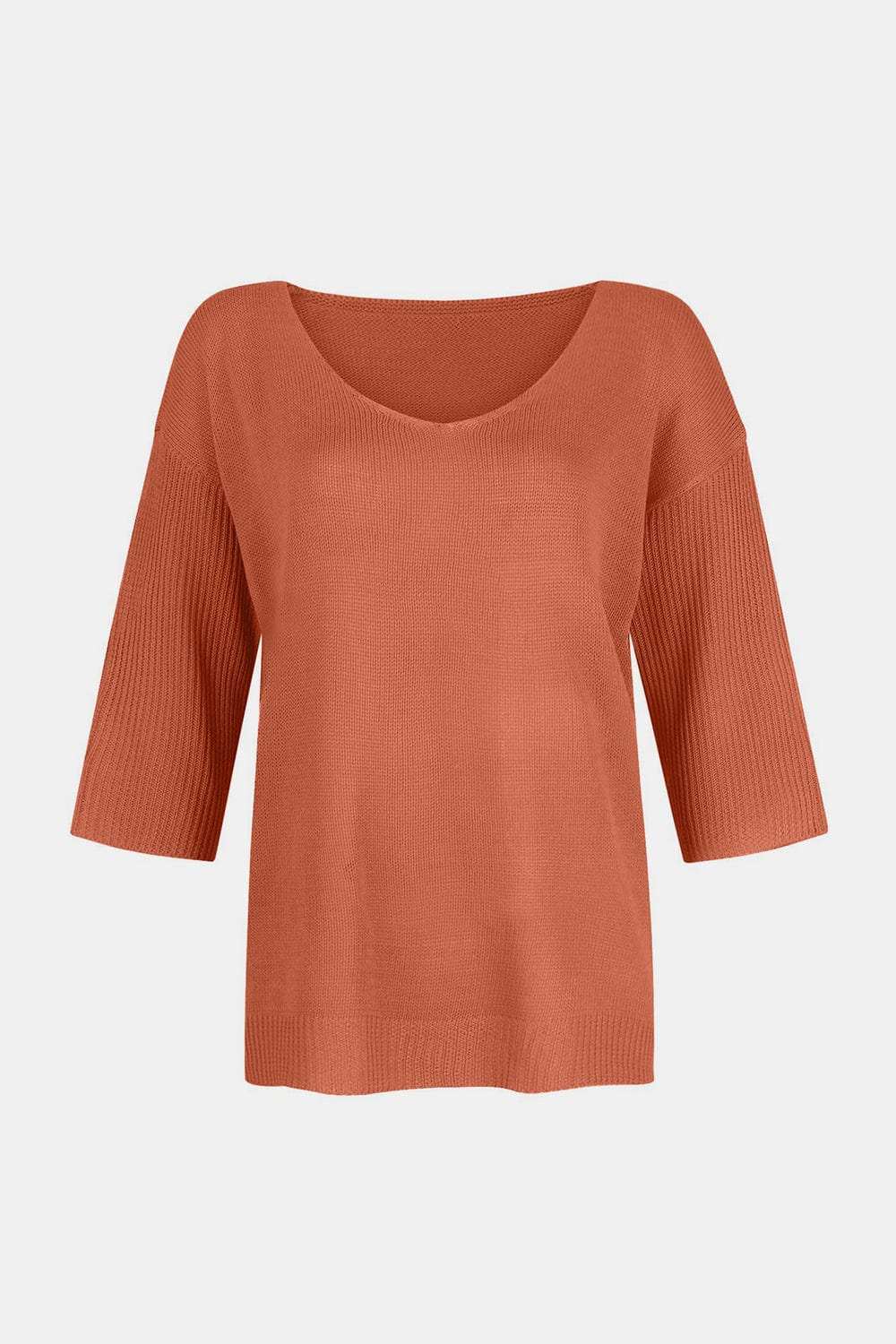 V-Neck Three-Quarter Sleeve Knit Top - Trendsi - Flyclothing LLC