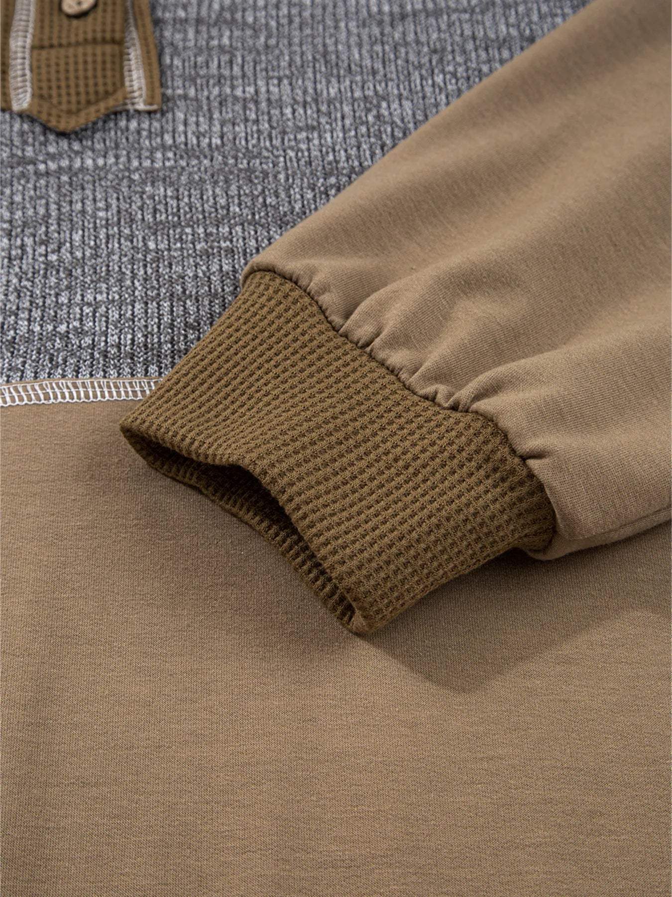 Mixed Texture Patchwork Exposed Seam Half Button Hoodie - Trendsi - Flyclothing LLC