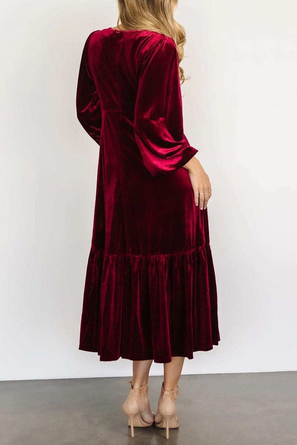 V-Neck Long Sleeve Midi Velvet Dress - Trendsi - Flyclothing LLC