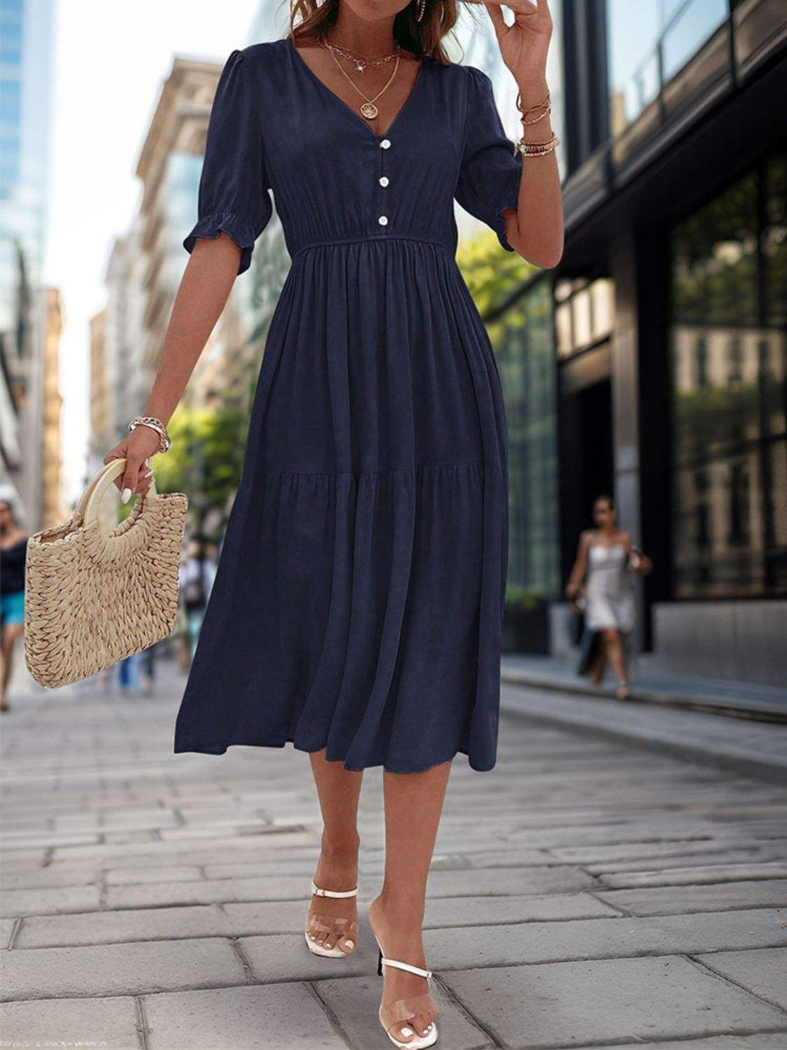 Ruched V-Neck Half Sleeve Midi Dress - Trendsi - Flyclothing LLC