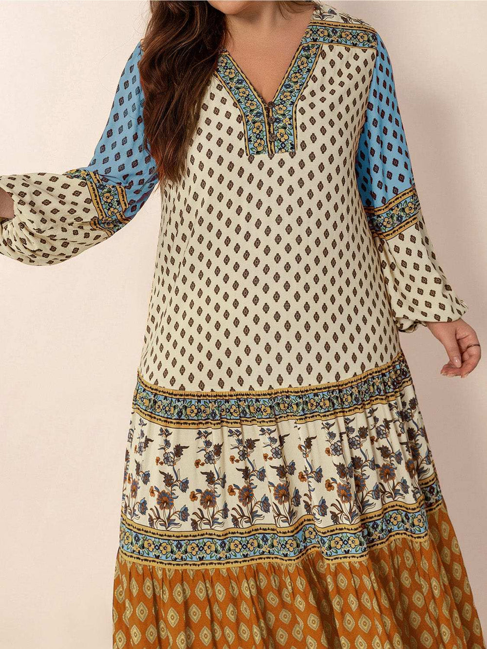 Plus Size Printed V-Neck Balloon Sleeve Maxi Dress - Trendsi - Flyclothing LLC